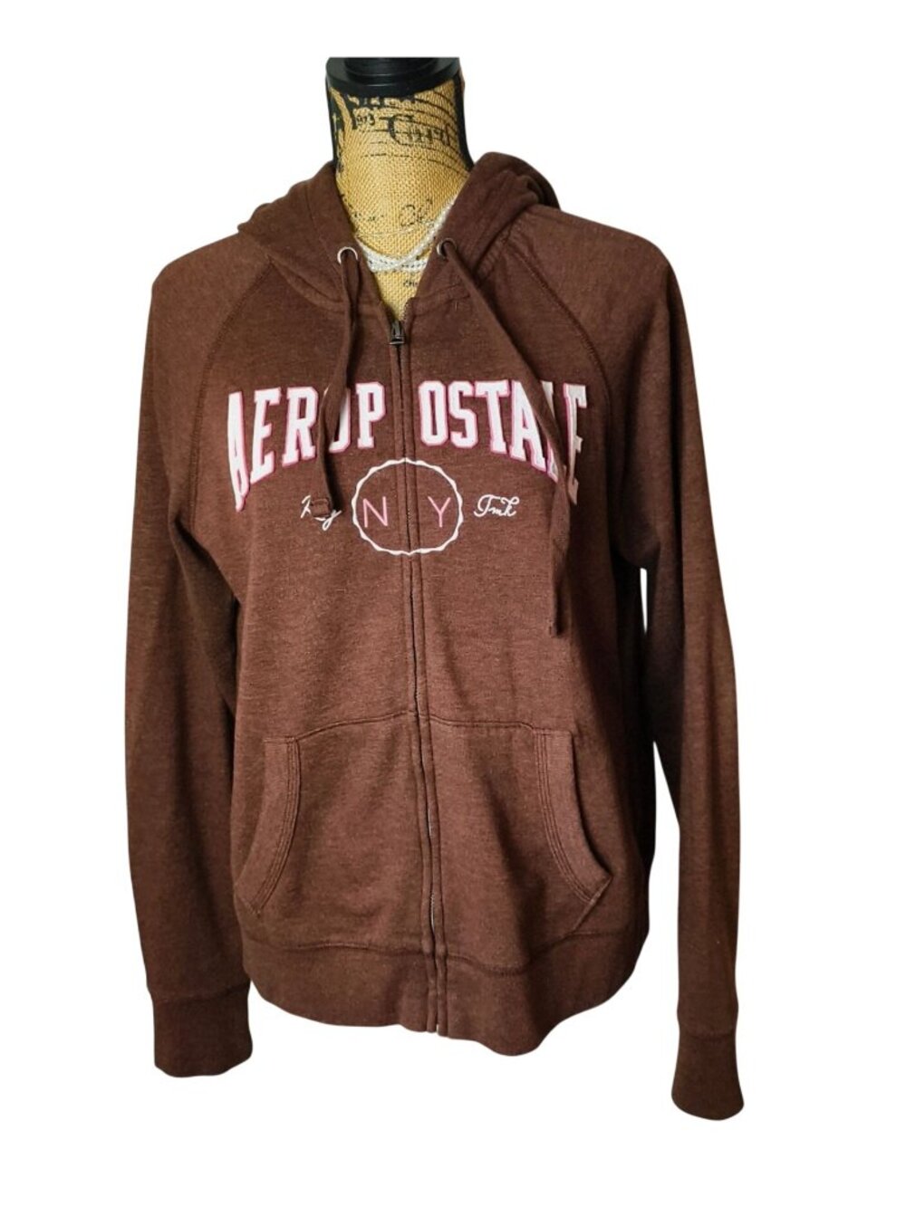 Aeropostale Womens L Full-Zip Hoodie Jacket Sweater Pockets Drawstring Brown Hip